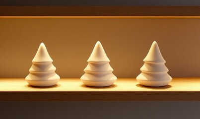 Set of three small white ceramic trees on a light wood shelf
