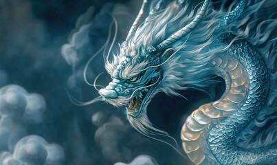 Silver and azure Chinese dragon set against a deep indigo background with subtle cloud motifs