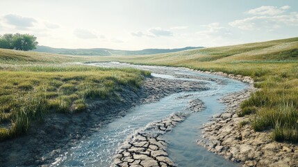 Fototapeta premium Serene Creek Winding Through a Dried-Up Landscape with Lush Green Grass and Blue Sky