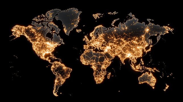 This 3D world map showcases vibrant orange connections linking countries, set against a dark backdrop for dramatic effect
