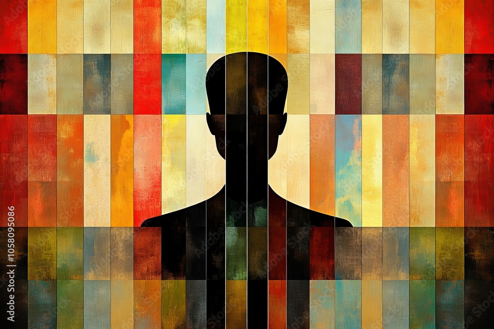 Poster abstract silhouette of a person with colorful geometric background evoking introspection identity an