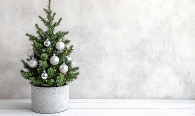 Small Christmas tree with only white and silver ornaments, sitting in a grey concrete planter on a white wooden floor