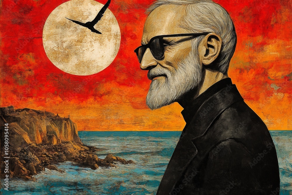 Poster profile portrait of a man with a beard in red and black hues against a scenic background with a full