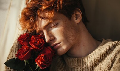Closeup portrait of a man with rich red hair, holding red roses