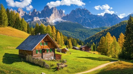 Obraz premium Serene Mountain Landscape with Traditional Cabin