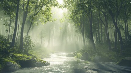Fototapeta premium Tranquil Forest River With Sunlight Breaking Through Mist and Fog - Serenity and Nature Photography