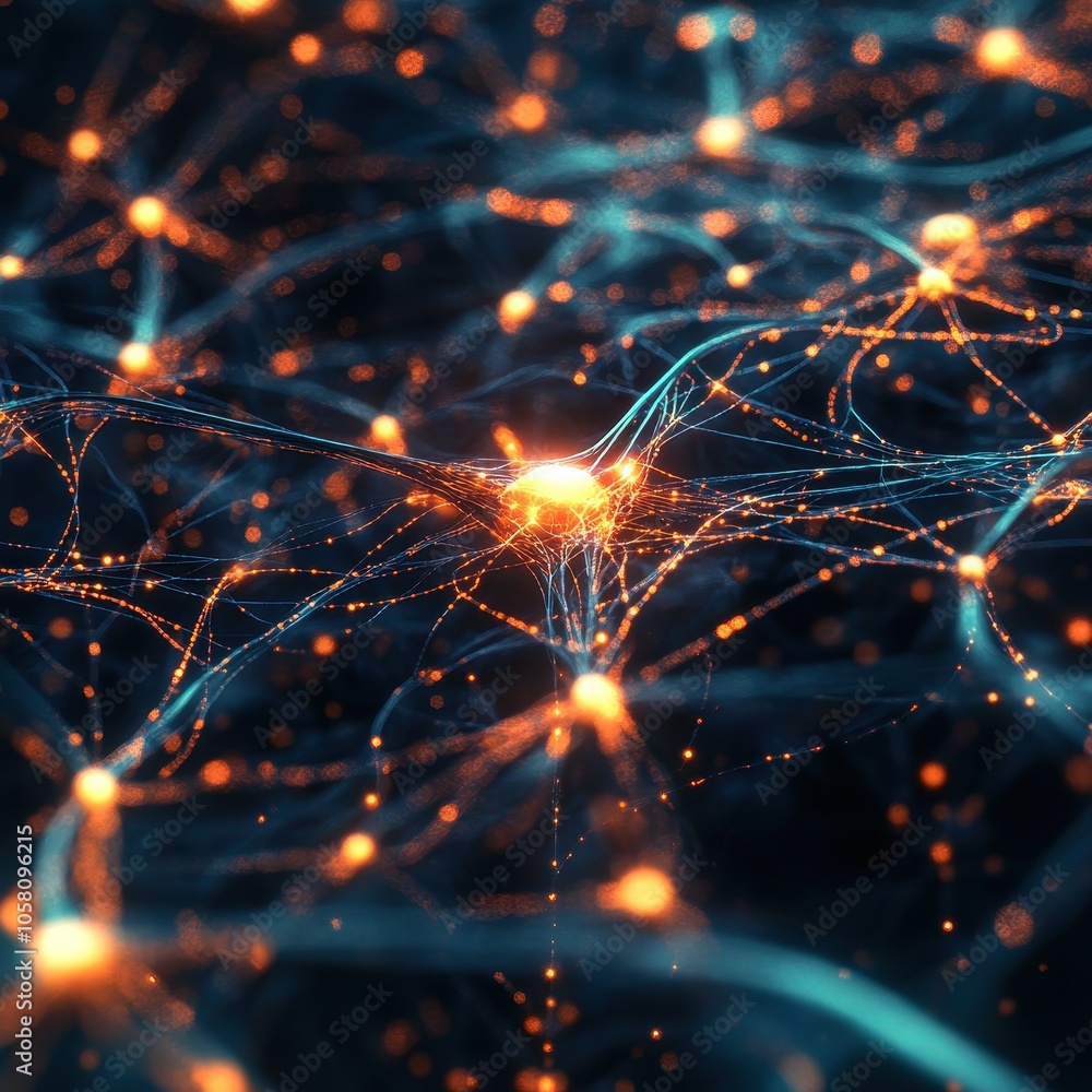 Poster abstract neuron cell with glowing synapses - concept of brain, neural network, ai, technology and bi