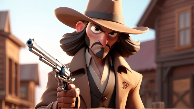 Animated cowboy showdown in vintage western town with intense duel stance
