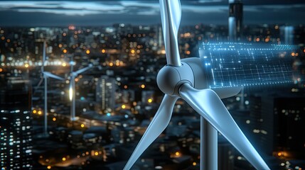 An aerial perspective showcases illuminated solar panels and wind turbines at night, integrated with digital grid lines for advanced energy solutions