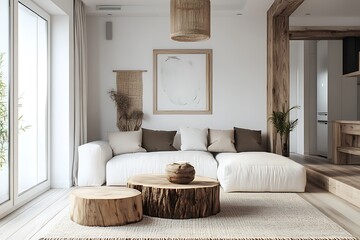 Cozy Modern Living Room with Neutral Tones, Stylish Decor, and Elegant Architecture- generative ai