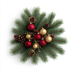 arrangement of pine branches, red and gold ornaments. isolated on white background