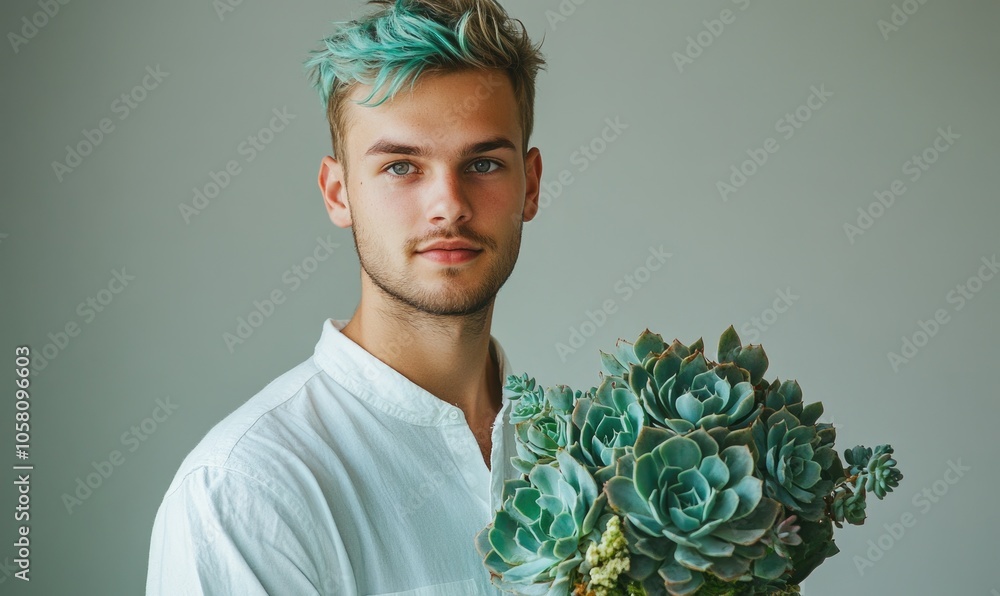 Wall mural Closeup portrait of a man with muted teal hair, holding a bouquet of teal-green succulents