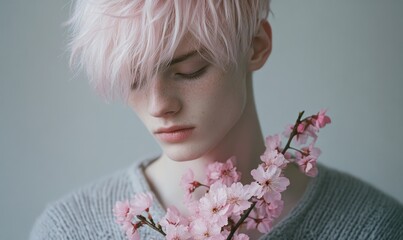 Fototapeta premium Closeup portrait of a man with pale pink hair styled back, holding pink cherry blossoms