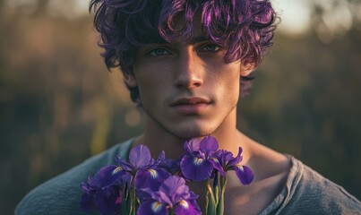 Closeup portrait of a man with purple hair, holding purple irises at his chest © TheoTheWizard