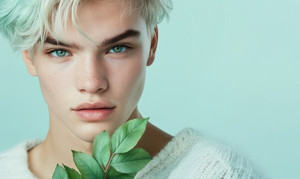 Closeup portrait of a man with light mint hair, holding mint-green leaves