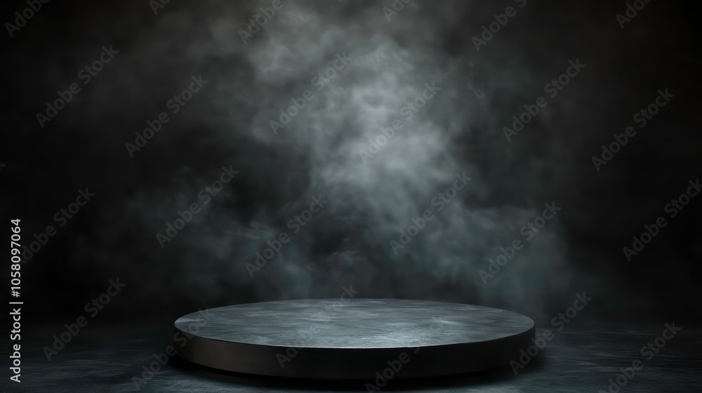 Aufkleber a circular podium in a dark setting with smoke or fog rising from the background.