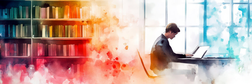 Celebrating world writers day: creativity and inspiration in writing. Watercolor illustration. World writer day. Horizontal banner. Copy space. World Poetry Day. Literacy Day. Knowledge Day - Powered by Adobe