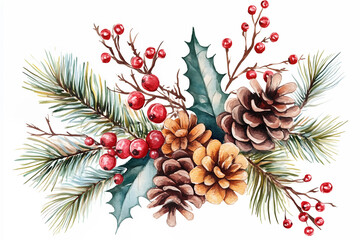 Watercolor Christmas illustration of winter elements, including pinecones, holly leaves, evergreen branches, and red berries. Christmas flora. Isolated on white background