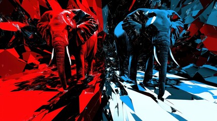 Abstract Digital Art of Two Elephants in Red and Blue Geometric Worlds