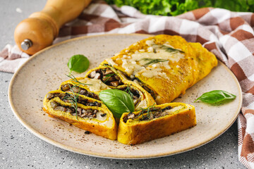 Delicious Homemade Omelette: Fresh Ingredients with Cheese, Mushrooms, and Vegetables