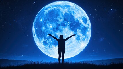 Silhouette of Woman With Arms Outstretched Under a Full Moon.