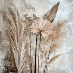 Dried Palm Leaf and Grass Arrangement on Weathered Concrete Wall - Abstract Nature Minimalist Background.