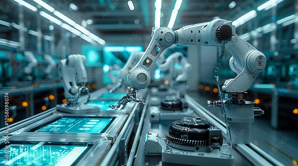 Poster A robotic arm operates in a modern factory setting, showcasing advanced automation technology with machinery and digital interfaces.