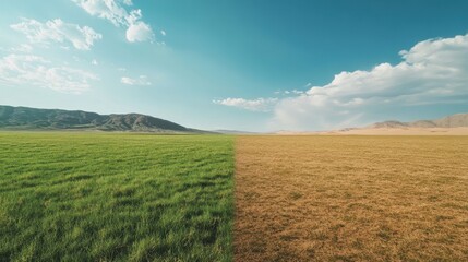 Obraz premium Dramatic Landscape Photography Vivid Green Grass Field Meets Dry Brown Grass Field Under Clear Blue Sky with White Clouds