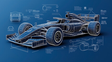Technical blueprint of a Formula 1 race car with wireframe design and engineering schematics on a blue background.