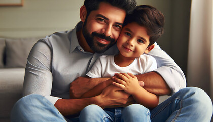 A joyful family moment with a mother, father, and their smiling son sitting together on the sofa at home, sharing love and fun as they play indoors