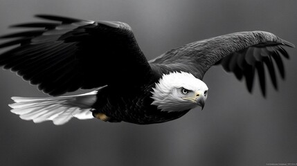 Obraz premium Bald eagle in flight with wings spread wide.
