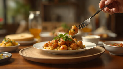 A Living Room Table with Delicious Dishes Featuring a Fork Digging into Beautifully Plated Meals