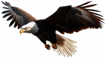 Obraz premium A majestic bald eagle with white head and tail feathers soars through the air with wings spread wide.