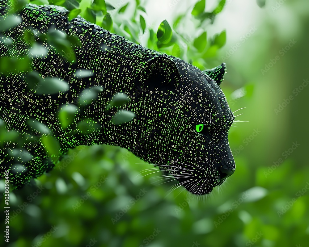 Poster a striking digital artwork of a panther surrounded by lush greenery, adorned with intricate binary c