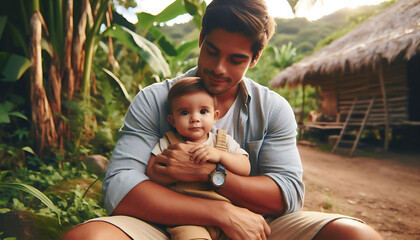 A joyful parent and child playing together in a sunny park, surrounded by green grass and smiling families enjoying a fun summer day