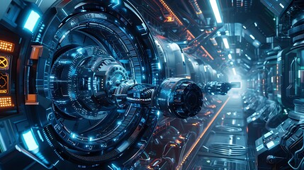 A futuristic spacecraft glides down a high-tech corridor filled with glowing blue lights and intricate metallic details.