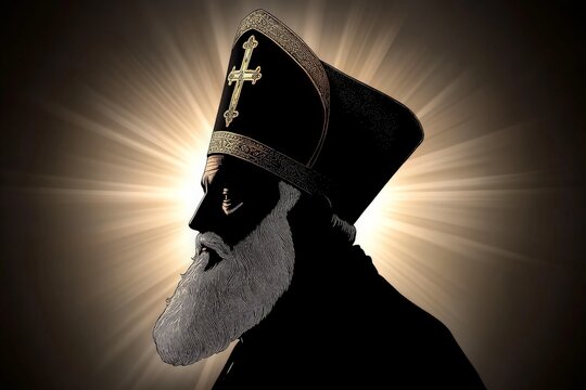 Dark silhouette of a bishop in hat against dramatic light symbolizing mystery authority and reverence in a minimalist atmospheric composition