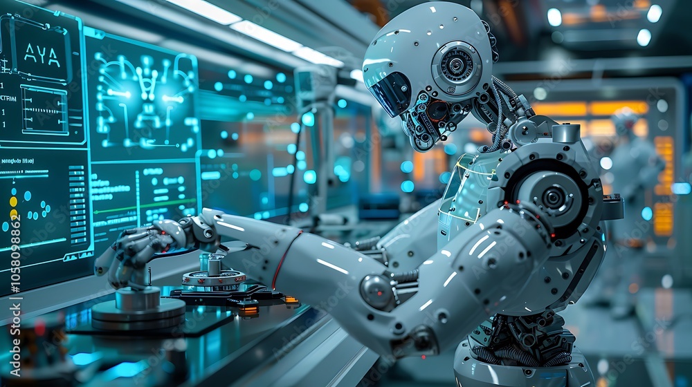 Poster a futuristic robot interacts with a high-tech control panel illuminated by vibrant screens and digit