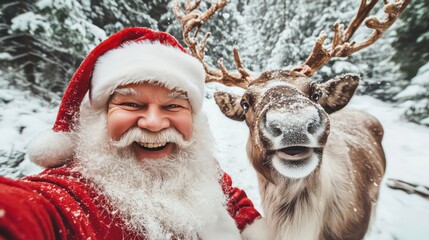 Santa Claus takes a selfie with his reindeer in a snowy forest.