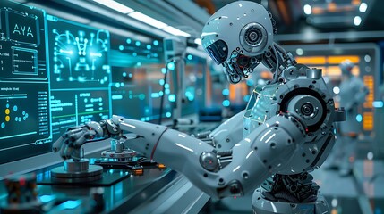 Fototapeta premium A futuristic robot interacts with a high-tech control panel illuminated by vibrant screens and digital displays in a modern environment.