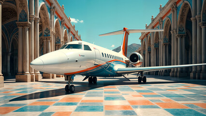 Fototapeta premium Intricately Designed: An Airplane Parked Next to a Stunning Tiled Area Full of Life