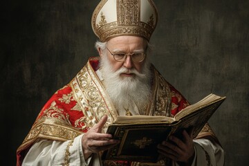 Elderly bishop in traditional garb reading from a holy book symbolizing devotion wisdom and historical reverence in a warm sacred atmosphere