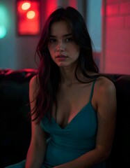 Fototapeta premium A young Caucasian woman with dark hair and a teal dress sits in a dark and moody environment with colorful lighting.