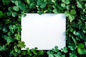 St. Patrick's day white poster design with clover leaf border. Irish traditional holiday. Horizontal banner. Copy space. Holiday mock-up, template