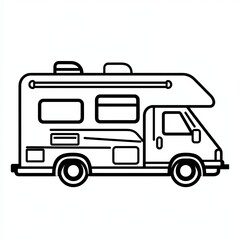 A black and white illustration of a motorhome, featuring a clean and minimalist line design ideal for representations of travel, camping, and outdoor adventures, icon