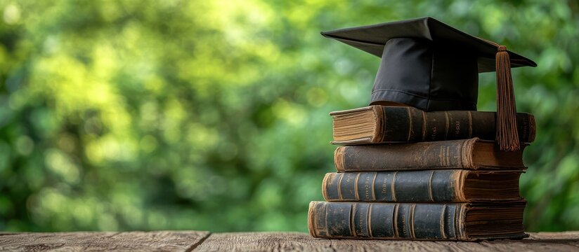 A black graduation cap sits on a stack of old books on a wooden table, with a blurred green background.