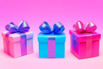 Fototapeta premium Pink and blue gift boxes with vibrant bows set against neon background symbolizing modernity celebration and youthful energy in a bold colorful design