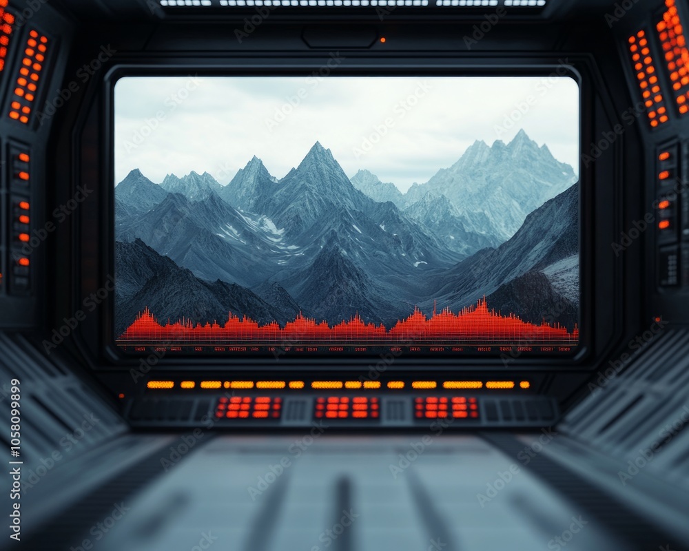 Wall mural futuristic spaceship interior with a view of a mountain range through a window.