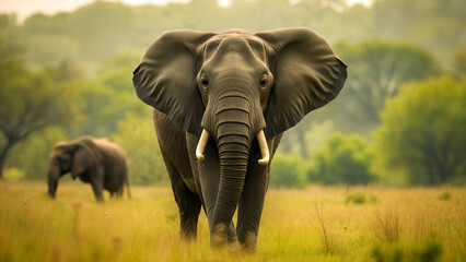 Fototapeta premium A Serene Representation of an Adult Elephant Majestically Coexisting in Its Natural Habitat, Highlighting Wildlife Grandeur