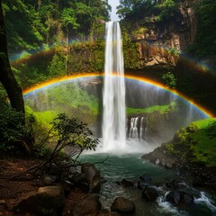 Majestic rainbow arching over a hidden waterfall deep in the jungle